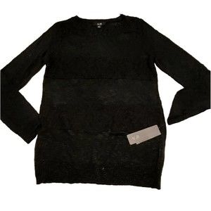 AGB Womens Black Lace Stripe Front Sweater Pullover Top Tunic Blouse Medium NWT